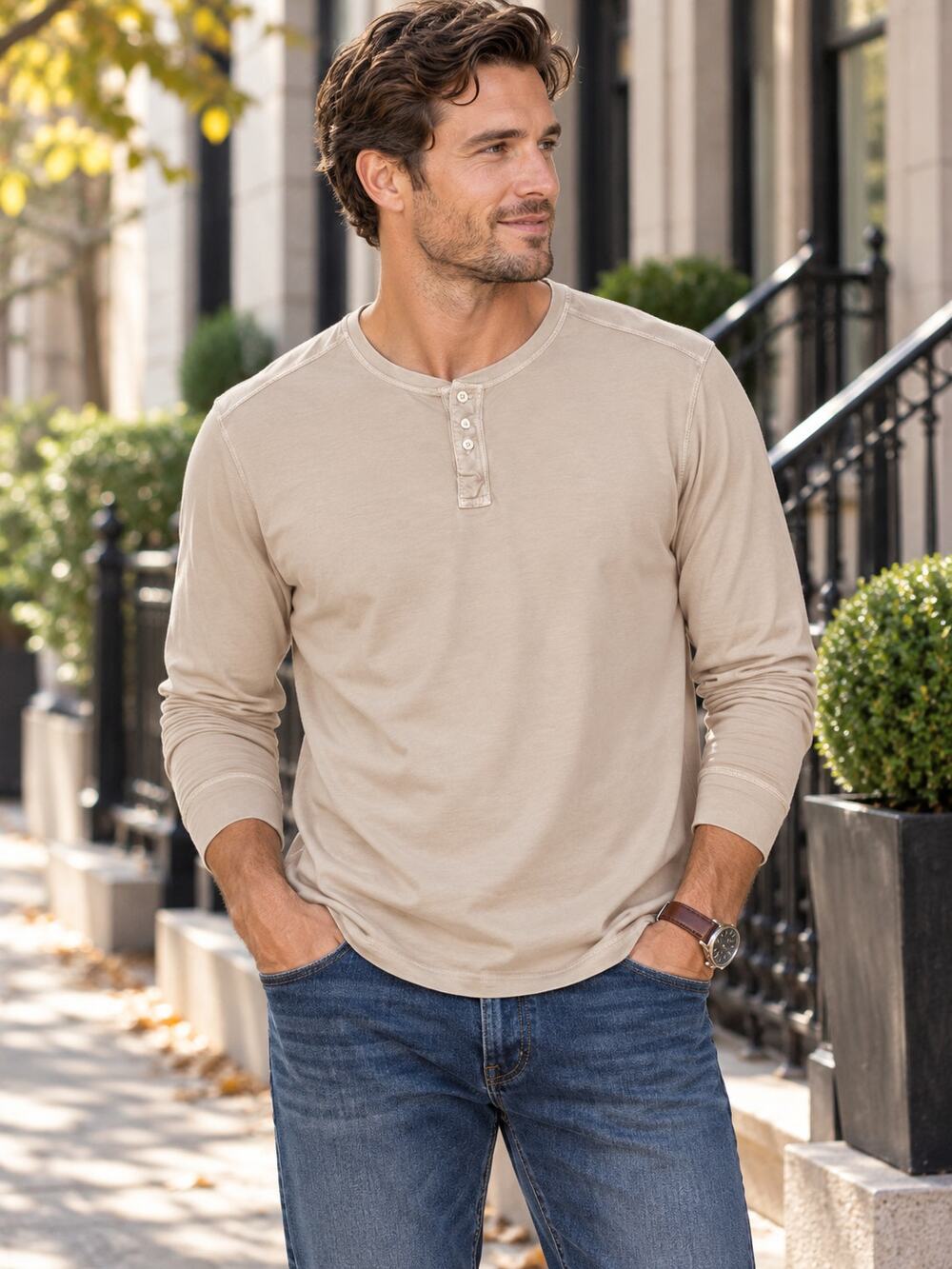 UNTUCKIT Beige Tan Pima Cotton Long Sleeve Henley Shirt Men’s Large